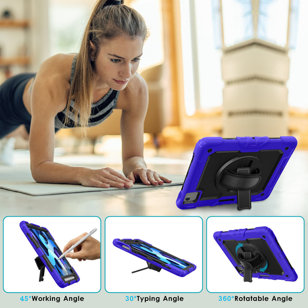 DTTO for iPad Air 5th/4th Generation Case 2022/2020 with Screen Protector& Pencil Holder, Heavy Duty Silicone Shockproof Protective +360 Rotating Hand Strap +Stand, for iPad Air 5th/4th & Pro 11-Black