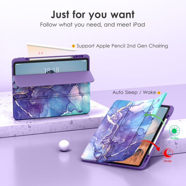 DTTOCASE iPad Pro 12.9 Case 6th / 5th / 4th / 3rd Generation 2022/2021 / 2020/2018,12.9 inch Clear Back Cover[Built-in Pencil Holder,Auto Sleep/Wake,Camera Protection] for iPad Pro-Blue Purple