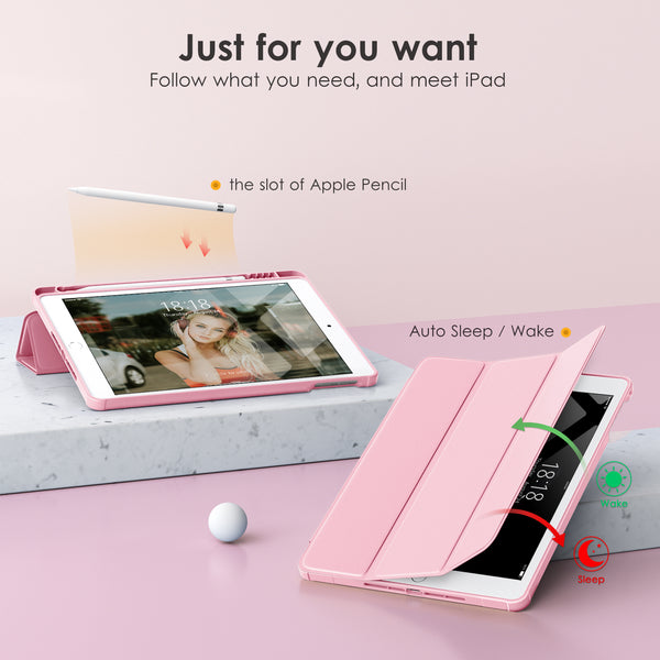 DTTOCASE for iPad 6th / 5th Generation 9.7 inch Case (2018/2017), iPad Air 2 & 1 (2014/2013) Case, Clear Back, Smart Cover [Built-in Pencil Holder, Auto Sleep/Wake] - Rose Gold