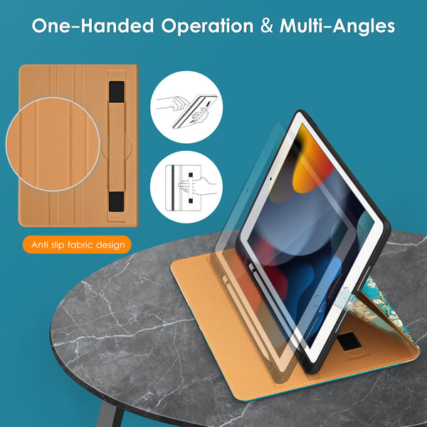 DTTO Rotating Case for iPad 9th/8th/7th Generation 10.2 Inch 2021/2020/2019, 360 Degree Rotating Premium Leather Folio Stand Protective Cover with Pencil Holder - Auto Wake/Sleep and Hand Strap, Brown