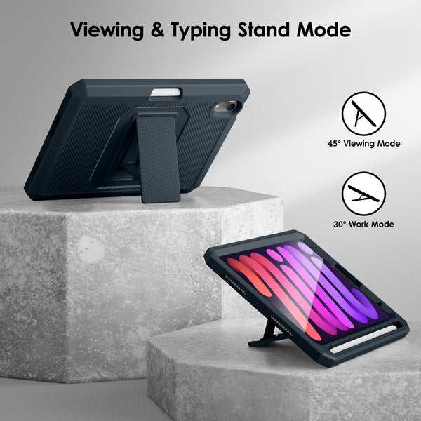 DTTO Shockproof Case for iPad Mini 6 2021, Dual Layer Full Body Tough Rugged Stand Cover Case, Built-in Screen Protector and Pencil Holder for iPad Mini 6 8.3 inch 2021 Release, Deep Black