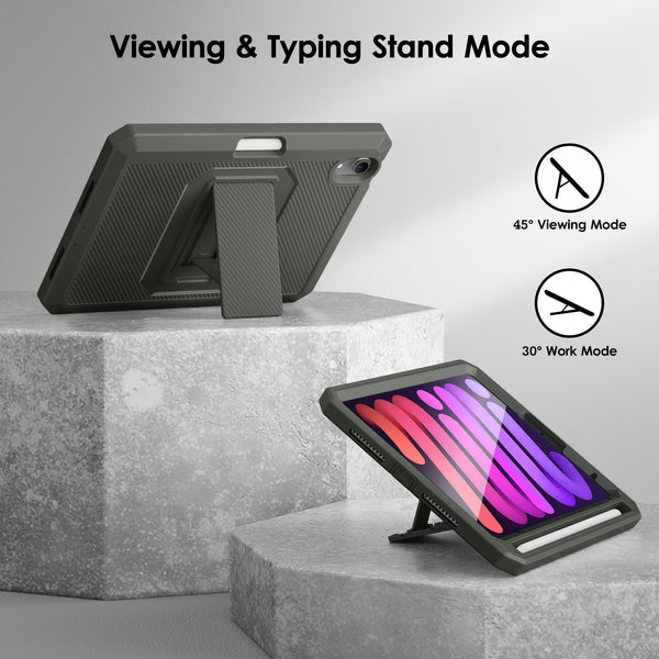 DTTO Shockproof Case for iPad Mini 6 2021, Dual Layer Full Body Tough Rugged Stand Cover Case, Built-in Screen Protector and Pencil Holder for iPad Mini 6 8.3 inch 2021 Release, Deep Black