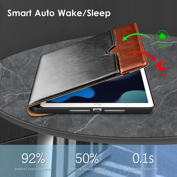 DTTO Rotating Case for iPad 9th/8th/7th Generation 10.2 Inch 2021/2020/2019, 360 Degree Rotating Premium Leather Folio Stand Protective Cover with Pencil Holder - Auto Wake/Sleep and Hand Strap, Brown