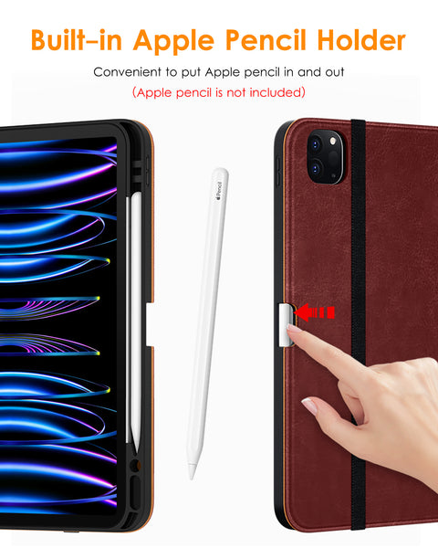 DTTO iPad Pro 12.9 6th / 5th / 4th / 3rd Generation Case 2022/2021/2020/2018, Premium Leather Folio Stand Cover with Built-in Apple Pencil Holder -Auto Wake/Sleep and Multi Viewing Angles,Brown