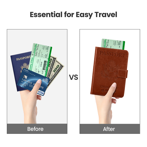 DTTO Passport Holder Cover Wallet, Premium PU Leather RFID Blocking Travel Wallet Case with Vaccine Card Slot for Women Men, Brown Black