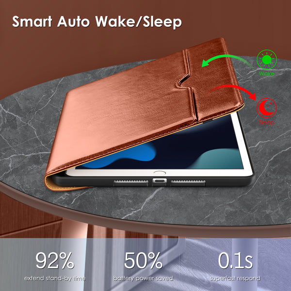 DTTO Rotating Case for iPad 9th/8th/7th Generation 10.2 Inch 2021/2020/2019, 360 Degree Rotating Premium Leather Folio Stand Protective Cover with Pencil Holder - Auto Wake/Sleep and Hand Strap, Brown