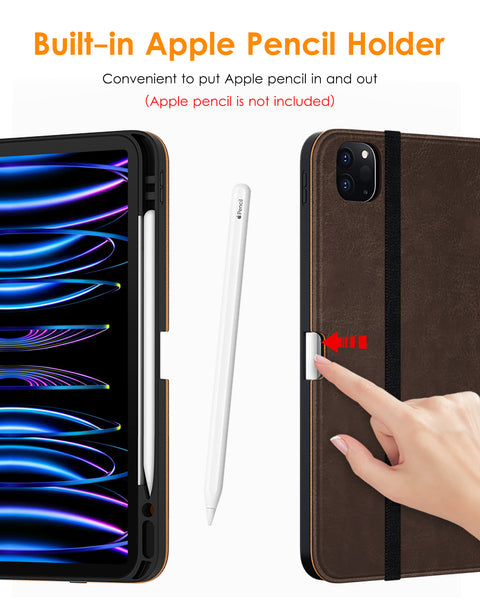 DTTO iPad Pro 12.9 6th / 5th / 4th / 3rd Generation Case 2022/2021/2020/2018, Premium Leather Folio Stand Cover with Built-in Apple Pencil Holder -Auto Wake/Sleep and Multi Viewing Angles,Brown