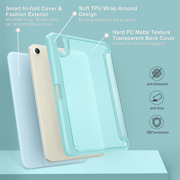 DTTO for iPad Mini 6 Case 2021 with Pencil Holder, Slim Smart Smooth Trifold Stand Front Cover [Auto Sleep/Wake] with Hard PC Clear Back Cover for Apple iPad Mini 6th Generation 8.3 Inch, Marble Green