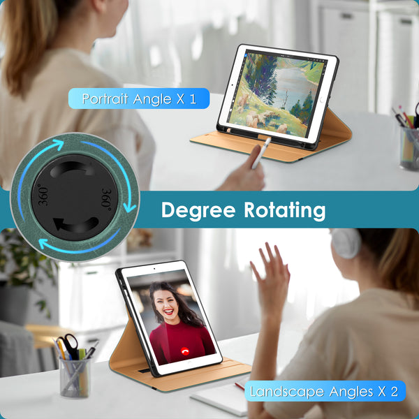 DTTO Rotating Case for iPad 9th/8th/7th Generation 10.2 Inch 2021/2020/2019, 360 Degree Rotating Premium Leather Folio Stand Protective Cover with Pencil Holder - Auto Wake/Sleep and Hand Strap, Brown