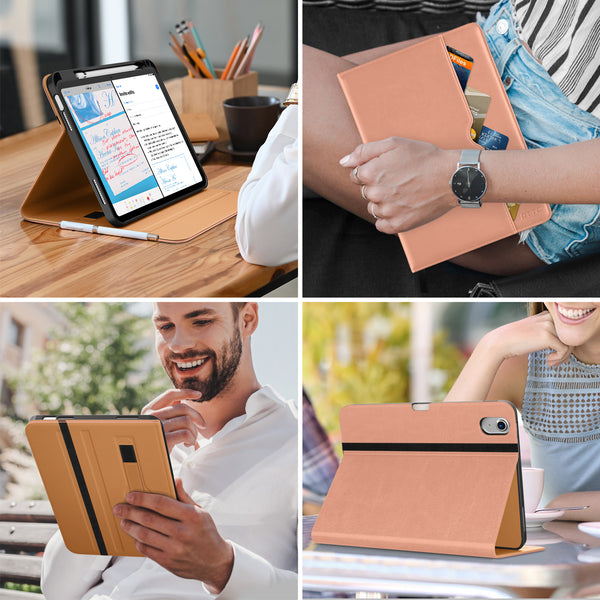 DTTO iPad 10th Generation Case 10.9 Inch 2022, Premium Leather Business Folio Stand Cover with Pencil Holder - Auto Wake/Sleep and Multiple Viewing Angles, Brown