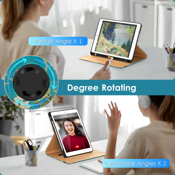 DTTO Rotating Case for iPad 9th/8th/7th Generation 10.2 Inch 2021/2020/2019, 360 Degree Rotating Premium Leather Folio Stand Protective Cover with Pencil Holder - Auto Wake/Sleep and Hand Strap, Brown