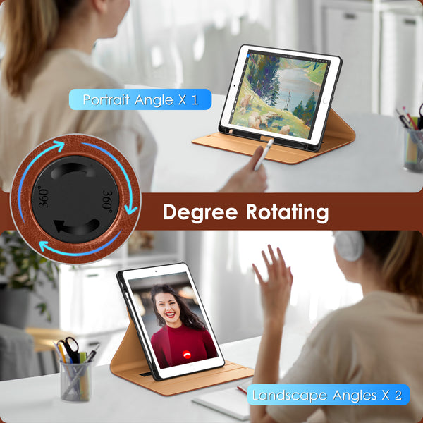 DTTO Rotating Case for iPad 9th/8th/7th Generation 10.2 Inch 2021/2020/2019, 360 Degree Rotating Premium Leather Folio Stand Protective Cover with Pencil Holder - Auto Wake/Sleep and Hand Strap, Brown
