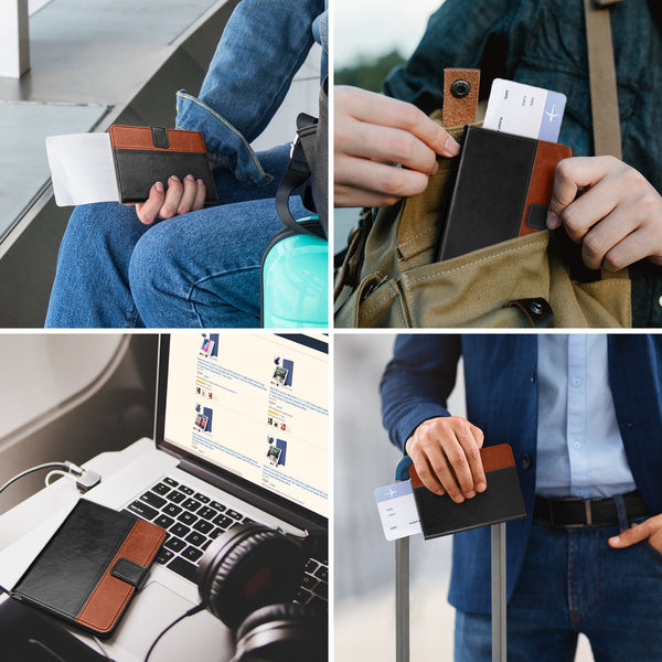 DTTO Passport Holder Cover Wallet, Premium PU Leather RFID Blocking Travel Wallet Case with Vaccine Card Slot for Women Men, Brown Black