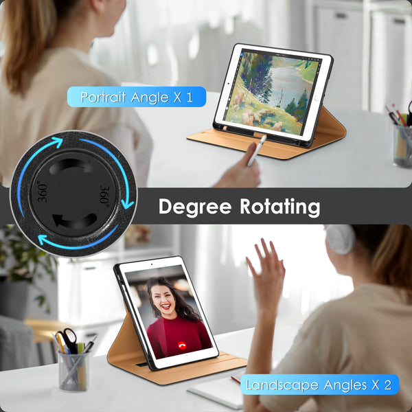 DTTO Rotating Case for iPad 9th/8th/7th Generation 10.2 Inch 2021/2020/2019, 360 Degree Rotating Premium Leather Folio Stand Protective Cover with Pencil Holder - Auto Wake/Sleep and Hand Strap, Brown