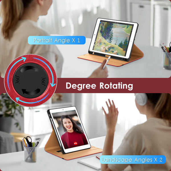 DTTO Rotating Case for iPad 9th/8th/7th Generation 10.2 Inch 2021/2020/2019, 360 Degree Rotating Premium Leather Folio Stand Protective Cover with Pencil Holder - Auto Wake/Sleep and Hand Strap, Brown