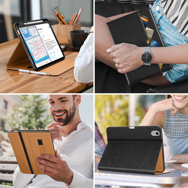 DTTO iPad 10th Generation Case 10.9 Inch 2022, Premium Leather Business Folio Stand Cover with Pencil Holder - Auto Wake/Sleep and Multiple Viewing Angles, Brown