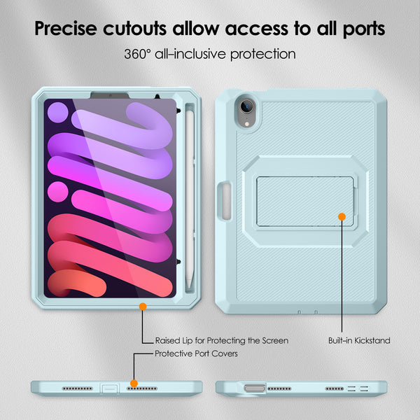 DTTO Shockproof Case for iPad Mini 6 2021, Dual Layer Full Body Tough Rugged Stand Cover Case, Built-in Screen Protector and Pencil Holder for iPad Mini 6 8.3 inch 2021 Release, Deep Black