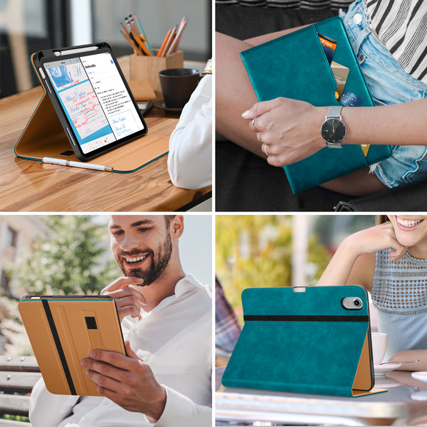DTTO iPad 10th Generation Case 10.9 Inch 2022, Premium Leather Business Folio Stand Cover with Pencil Holder - Auto Wake/Sleep and Multiple Viewing Angles, Brown