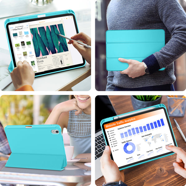 DTTO iPad 10th Generation Case 10.9 Inch 2022, Slim Tri-fold Stand Soft TPU Back with Pencil Holder for iPad 10 Case - Support Touch ID, Auto Sleep/Wake, and Honeycomb Grid Cushion, Black